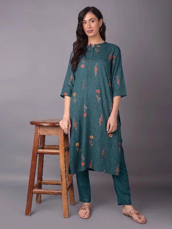 summer outfit setsWomen Green Floral Printed Kurta With Trouser