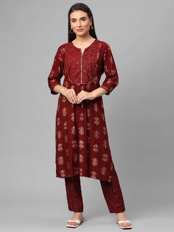 night out sets for womenRed Floral Printed Kurta With Trouser