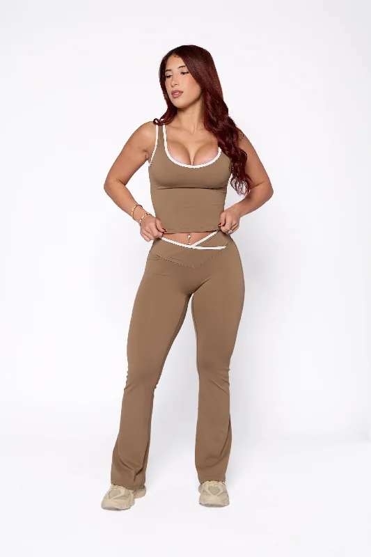 cute matching setsMocha Two-Tone V-Waist Flare Pant Set