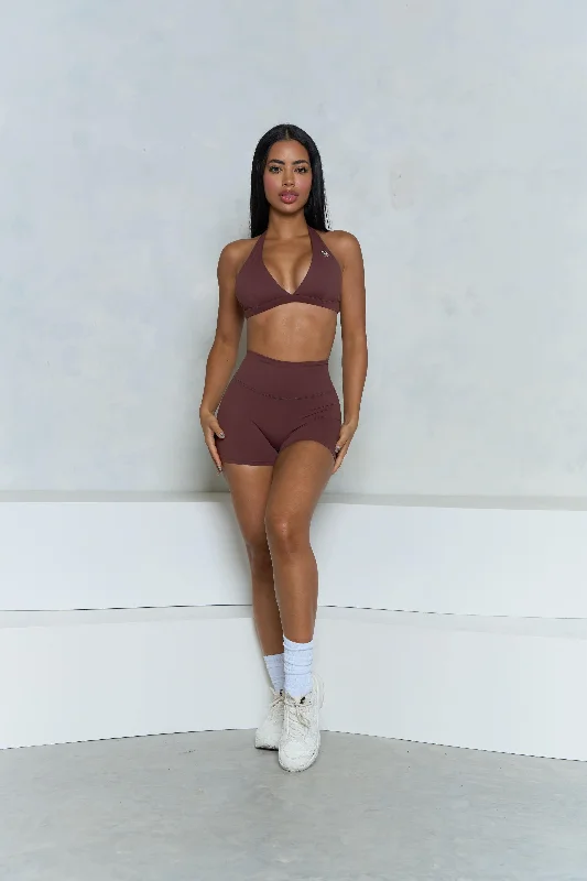 casual skirt setsBrown Halter Sports Bra and Short Set