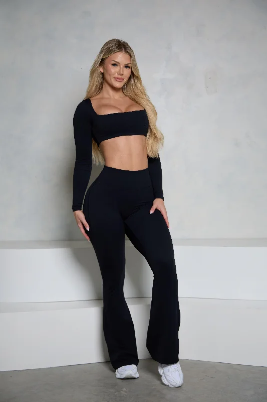 trendy evening setsBlack Long Sleeve and Flare Pant Set