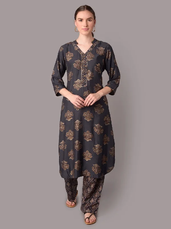 floral print sets for womenWomen Grey Floral Printed Kurta With Comfort Pant