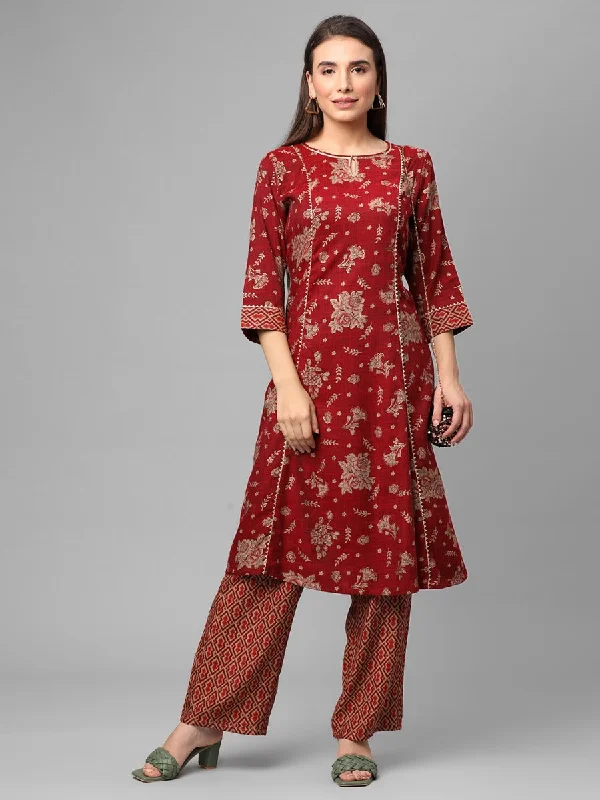 lightweight sets for summerMaroon Floral Printed Kurta With Comfort Pant