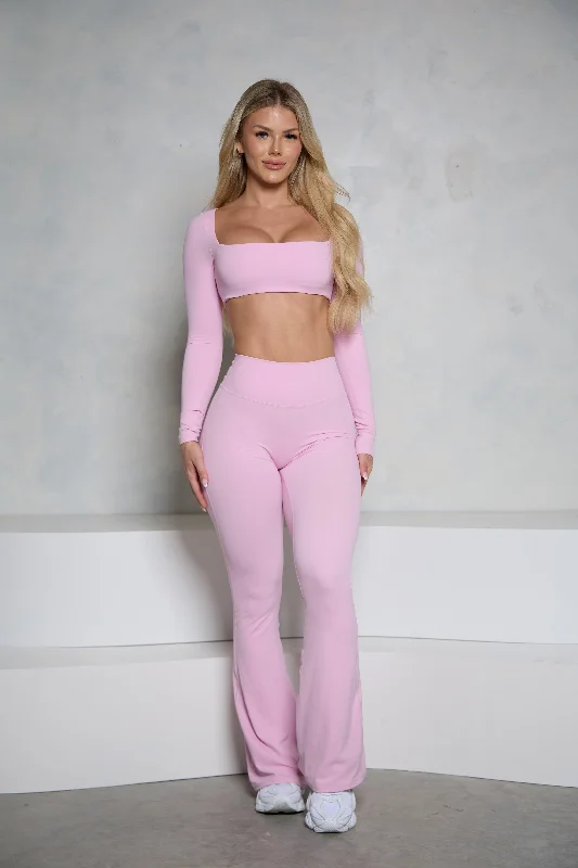 workout sets for womenLight Pink Long Sleeve and Flare Pant Set