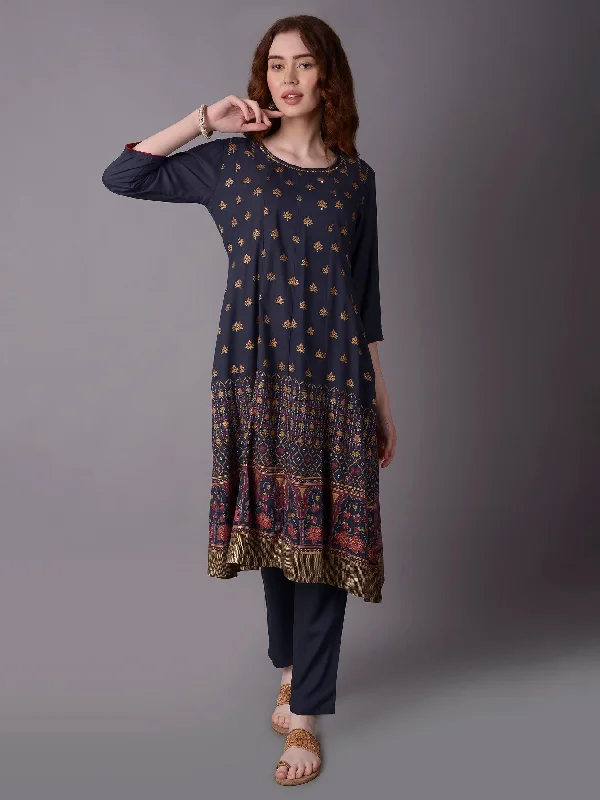 high fashion setsWomen Blue A-line Printed Kurta With Trouser