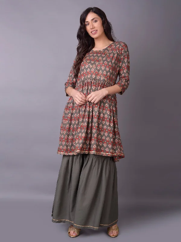 cute sets for vacationWomen Grey Ornamental Printed Kurta With Sharara Pant