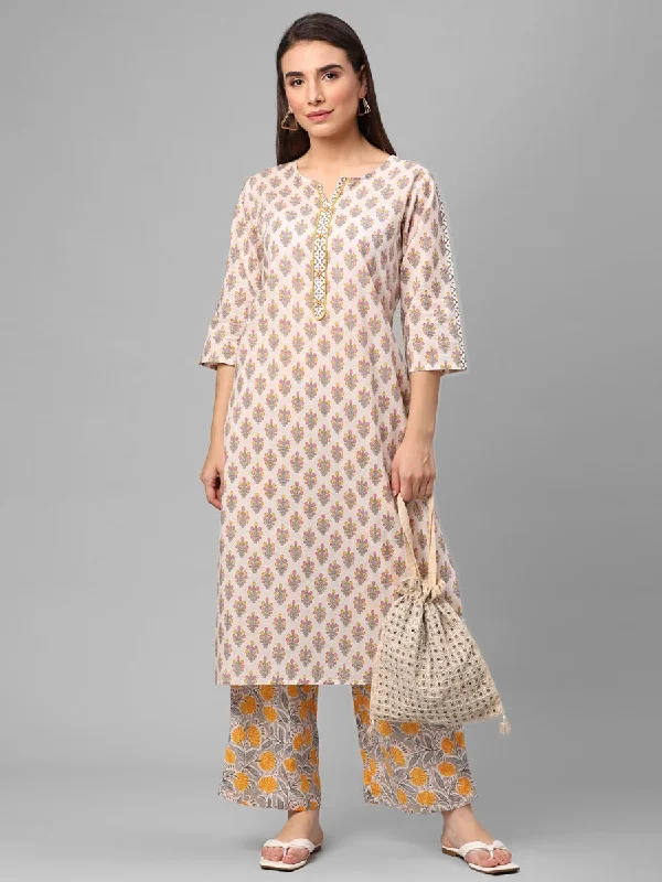 denim outfit setsOff White Floral Printed Kurta With Comfort Pant