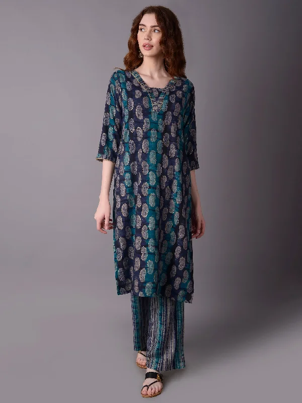 lightweight sets for summerWomen Navy Blue Paisley Printed Kurta With Comfort Pant