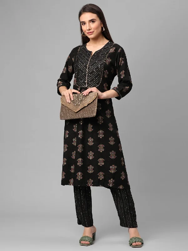 cozy two-piece setsBlack Floral Printed Kurta With Trouser