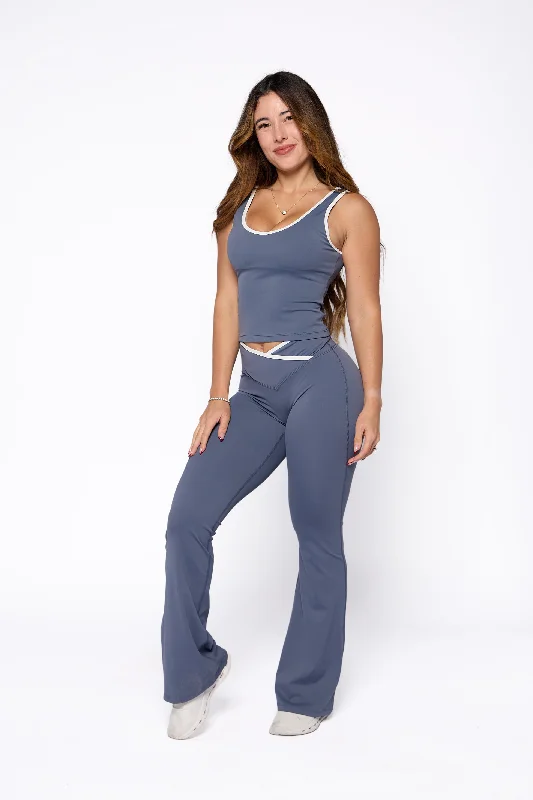 stylish two-piece setsCharcoal Blue Two-Tone V-Waist Flare Pant Set