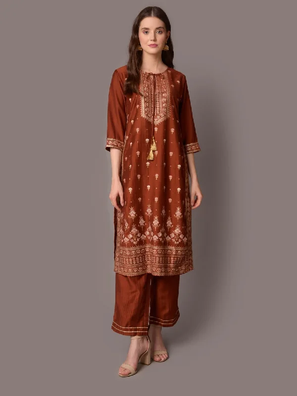 oversized sets for womenWomen Rust Ornamental Printed Kurta With Comfort Pant