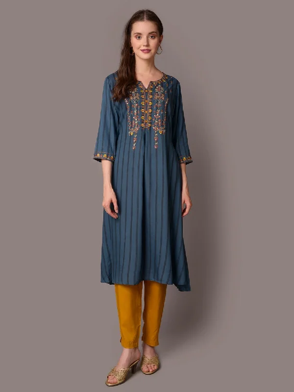 summer-ready setsWomen Teal Embroidered Kurta With Trouser