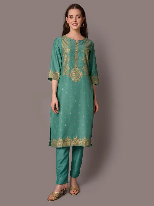 pastel color sets for womenWomen Green Ornamental Kurta With Trouser