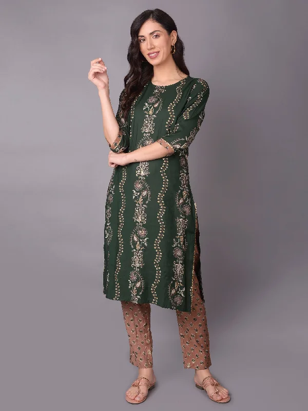 casual skirt setsWomen Green Round Neck Kurta With Trouser