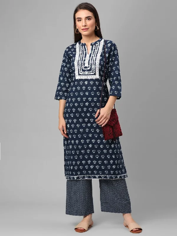 satin loungewear setsNavy Blue Floral Printed Kurta With Comfort Pant