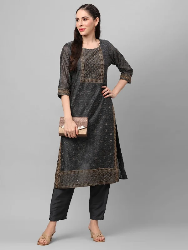 high waist sets for womenCharcoal Grey Ornamental Printed Kurta With Trouser