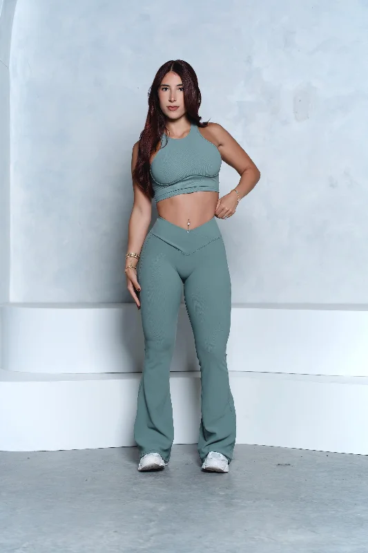 trendy sets for workSage Ribbed Crop Top and V-Waist Flare Pant Set