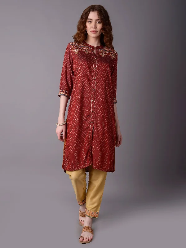 dressy sets for womenWomen Maroon Geometric Printed Kurta With Trouser