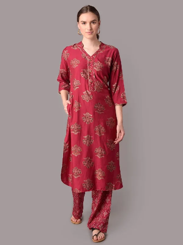 elegant matching setsWomen Pink Floral Printed Kurta With Comfort Pant