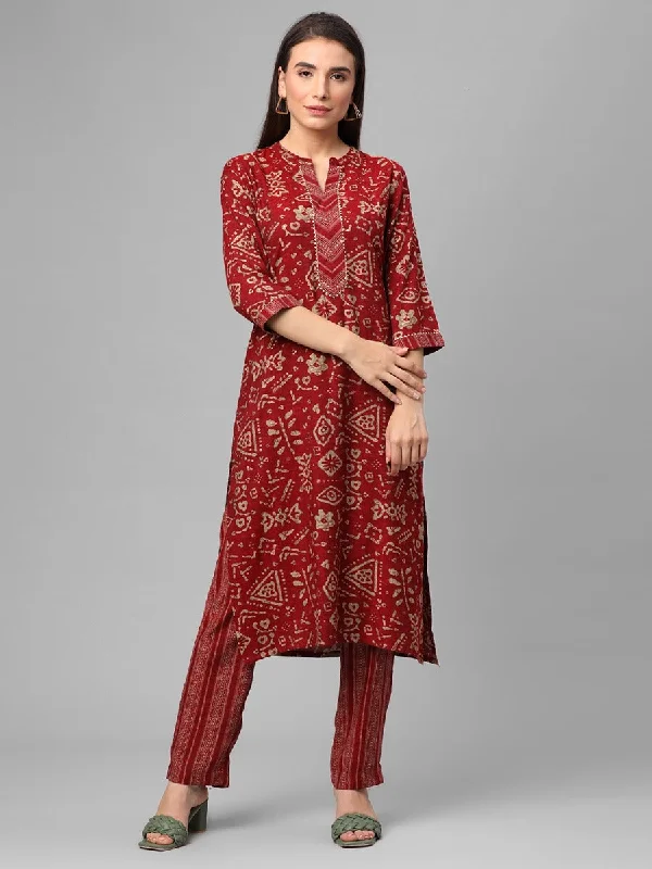 holiday outfit setsMaroon Floral Printed Kurta With Trouser