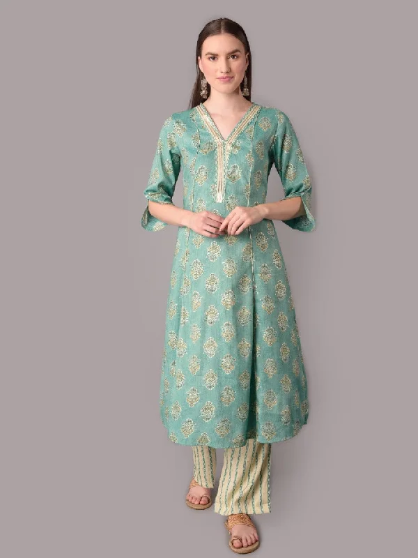 high fashion setsWomen Turquoise Blue Floral Printed Kurta With Comfort Pant