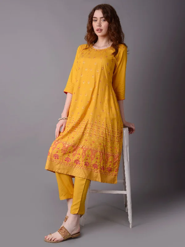 colorful outfit setsWomen Mustard Ornamental Printed Kurta With Trouser