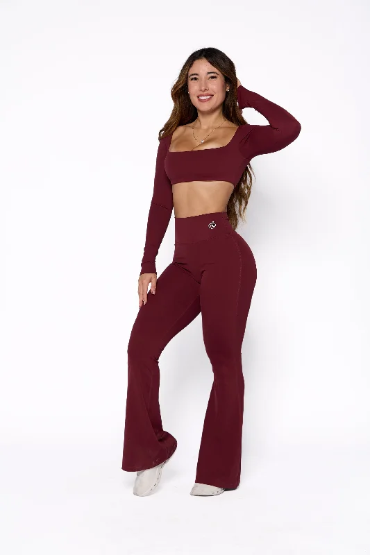 comfortable sets for ladiesWine Long Sleeve and Flare Pant Set