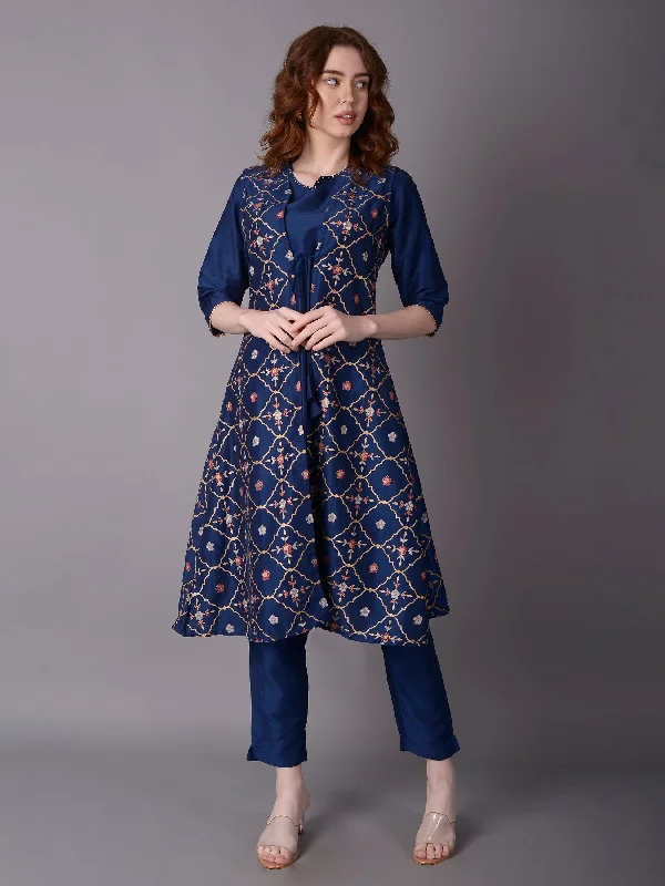 chic matching sets for fallWomen Navy Blue Stripe Printed Kurta Trouser Jacket