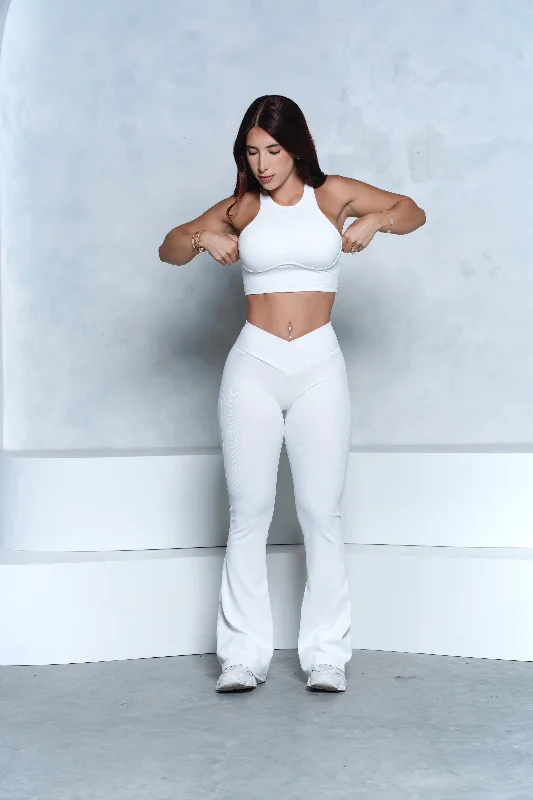 unique sets for ladiesWhite Ribbed Crop Top and V-Waist Flare Pant Set