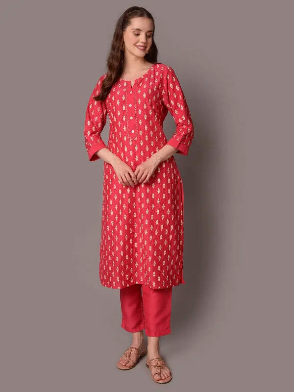 trendy outfit setsWomen Fuchsia Ornamental Printed Kurta With Trouser