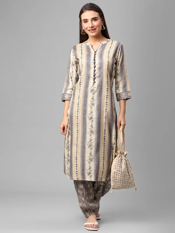 casual day setsGrey Floral Printed Kurta With Harem Pant