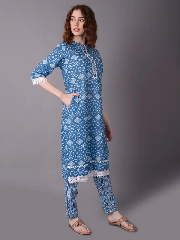 spring outfit setsWomen Blue Aztech Printed Kurta With Trouser