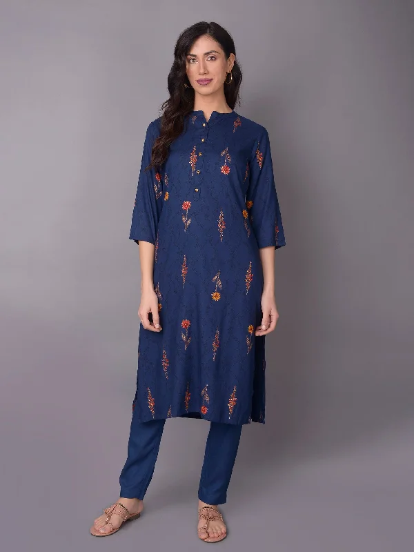 trendy outfit setsWomen Navy Blue Floral Printed Kurta With Trouser