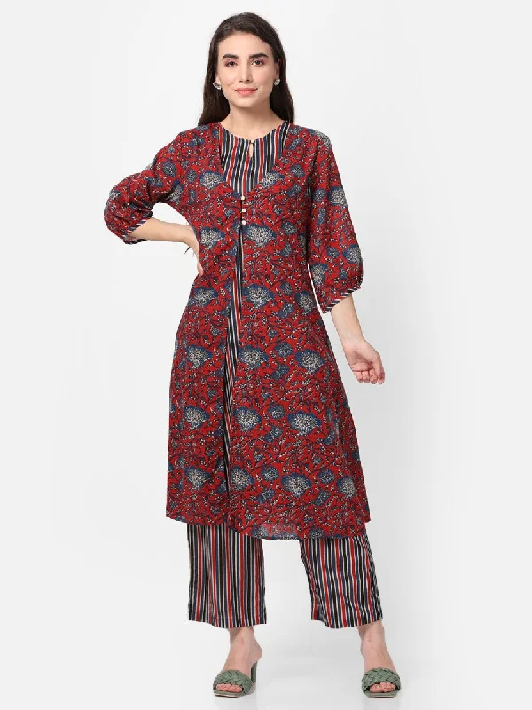 affordable outfit setsDark Maroon Floral Printed Kurta Jacket Comfort Pant