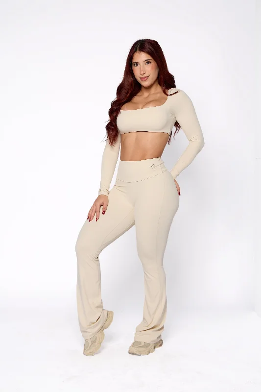 night out sets for womenVanilla Cream Long Sleeve and Flare Pant Set