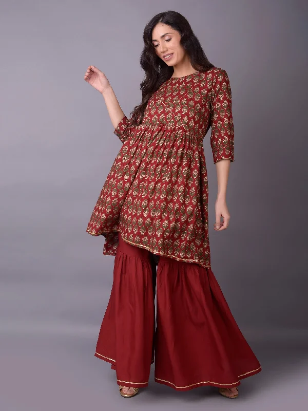 matching crop top setsWomen Maroon Ornamental Printed Kurta With Sharara Pant