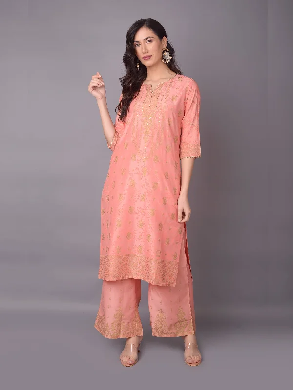 statement sets for womenWomen Pink Ornamental Printed Kurta With Wide Leg Pant