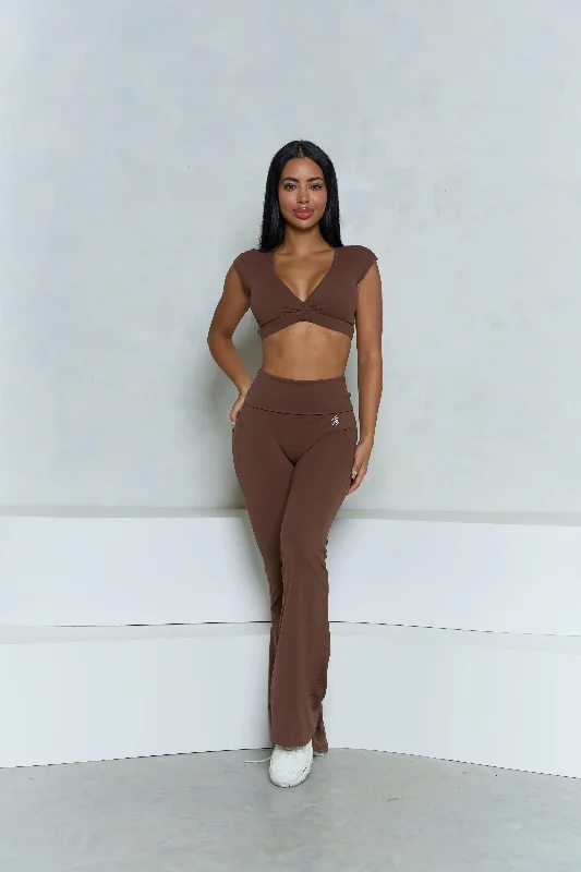 stylish lounge setsBrown V-Neck Crop Top and Flare Pant Set