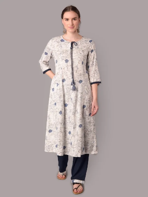 winter clothing setsWomen White Floral Printed Kurta With Comfort Pant