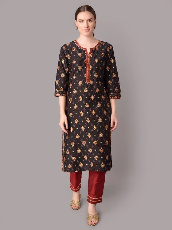 soft knit setsWomen Black Ornamental Printed Kurta With Trouser