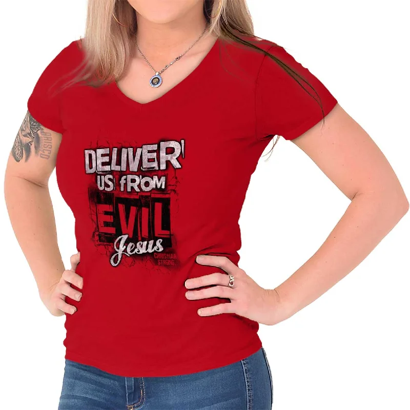 long sleeve women’s T-shirtsDeliver us from Evil Junior Fit V-Neck T-Shirt