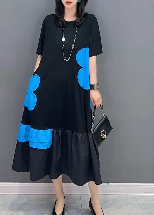 Plus size dresses & jumpsuits for womenStyle Black Patchwork Blue O-Neck Print Vacation Long Dresses Summer