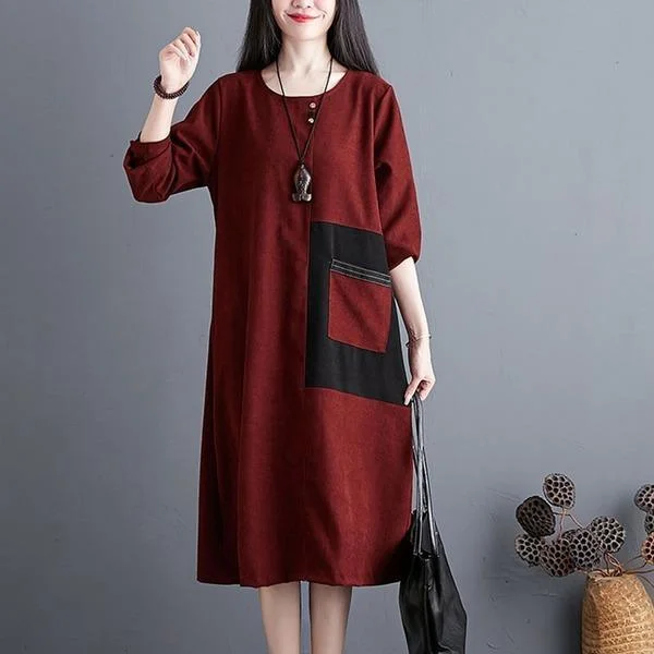 Polka dot dresses & jumpsuitsWomen Autumn Casual Dresses  Patchwork Pocket Loose Comfortable Female Cotton Linen Long Dress