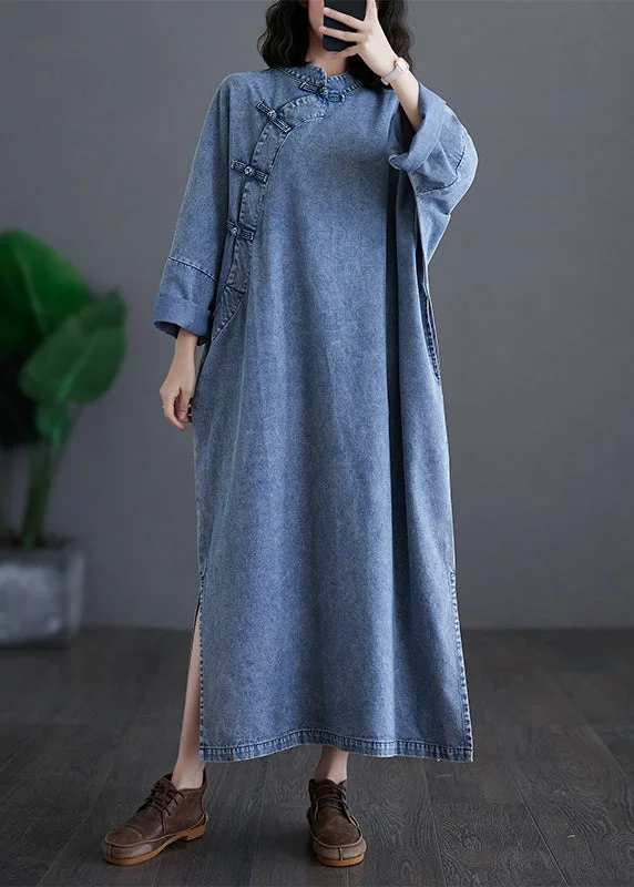 Floral lace dresses & jumpsuitsPlus Size Denim Blue Stand Collar Patchwork Button Side Open Maxi Dresses Spring