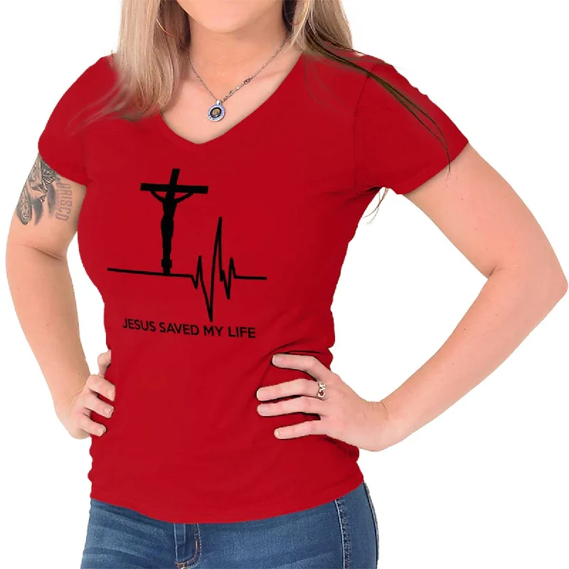 women’s graphic T-shirtsJesus Saved My Life Junior Fit V-Neck T-Shirt