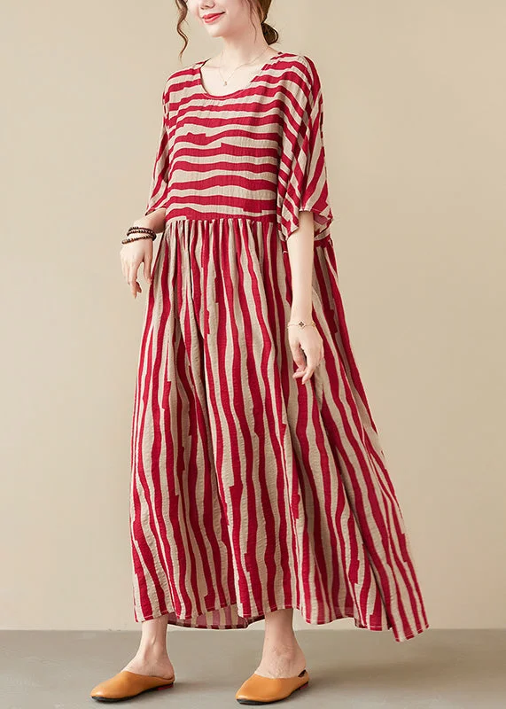 Fit-and-flare dresses & jumpsuitsVogue Red Striped O-Neck Long Dresses Short Sleeve