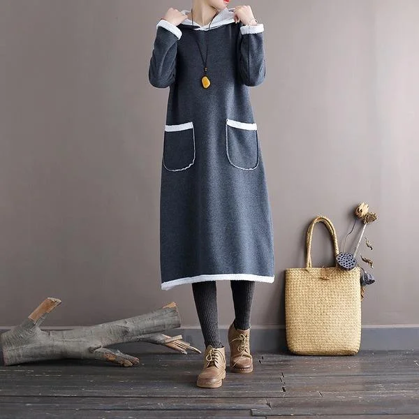 Fit-and-flare dresses & jumpsuitsAutumn Winter Fleece Hooded Dress Ladies Vintage Patchwork Loose Dresses