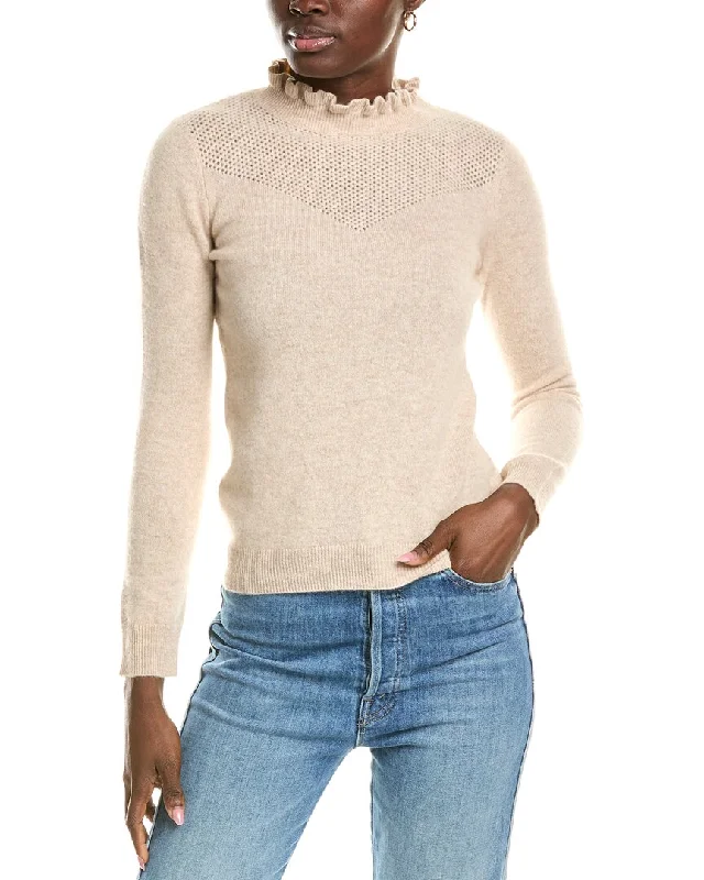 women's fashionable sweaterssofiacashmere Ruffle Mock Neck Mesh Stitch Cashmere Sweater