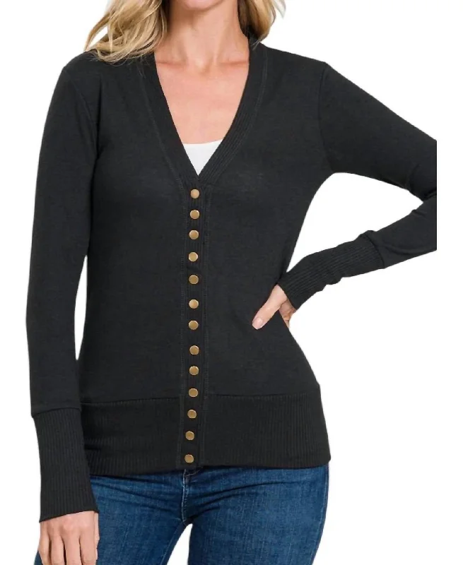 cute women's sweatersTorie Ribbed Detail Snap Button Cardigan In Black