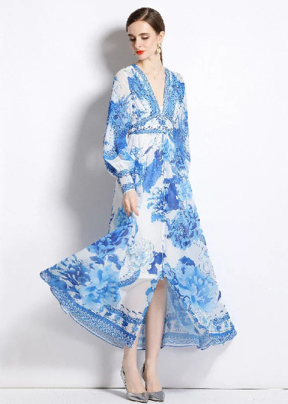 Strapless dresses & jumpsuitsBoho Blue V Neck Print Patchwork Chiffon Vacation Dresses Long Sleeve